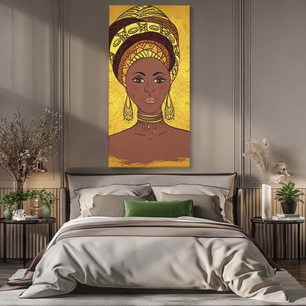 Tablou canvas cu ilustratie digitala cu femeie africana, fara rama, pe sasiu de lemn, pe perete intr-un dormitor